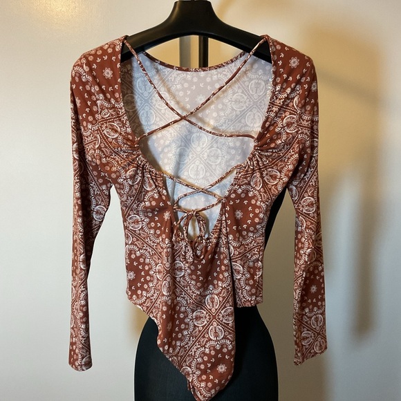 18. Neon Soul Brown Paisley Long Sleeve Open Back Bodysuit Size XL - Picture 5 of 6